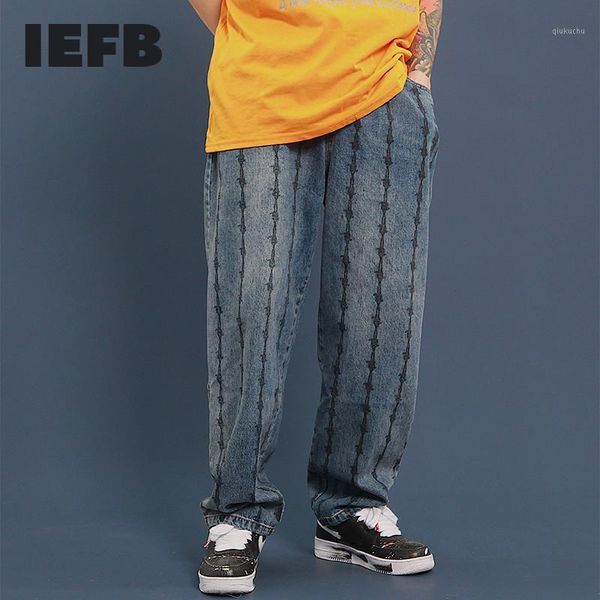 

iefb men's wear streetwear vintage thorns printed jeans japanese style loose elastic waist all-match personality trousers 9y18541, Blue