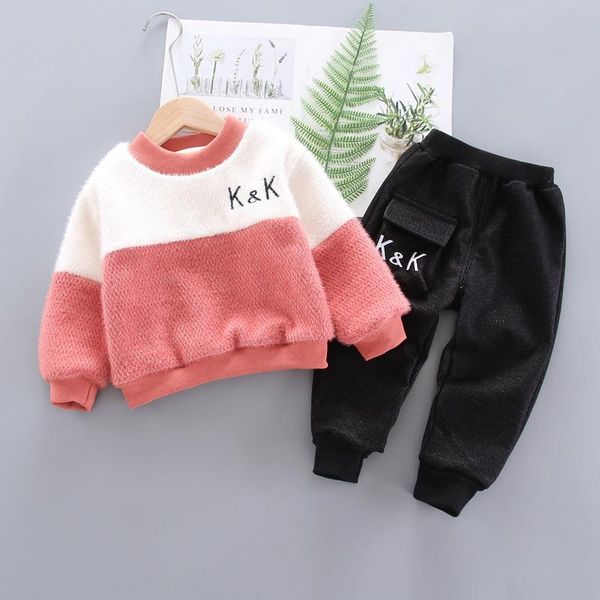 

2020 new splicing children's long sleeve thickened warm children's long two piece autumn and winter trousers, White