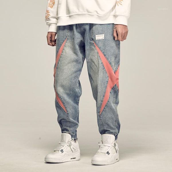 

japanese fashion men jeans loose fit denim spliced cargo pants printed designer streetwear hip hop jeans men joggers harem pants1, Blue