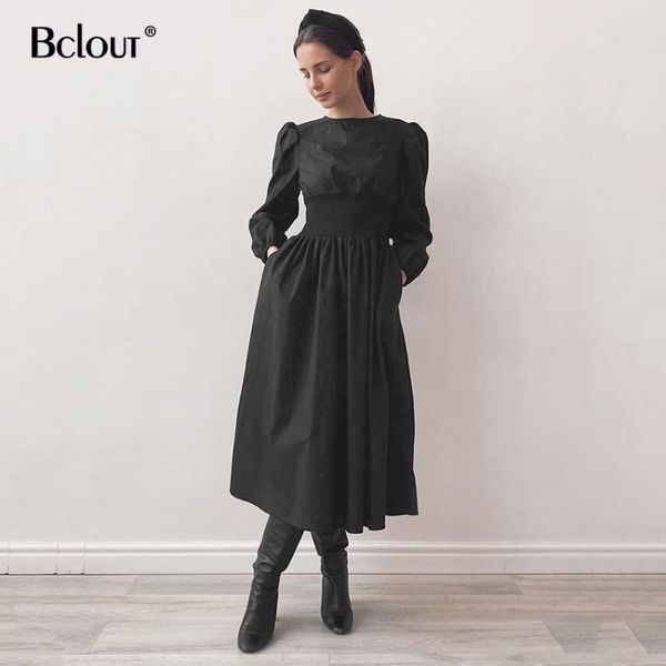

bclout vintage elegant high waist long a-line dress woman 2021 black silm mid-calf dress long sleeve o neck pocket cotton lady, Black;gray