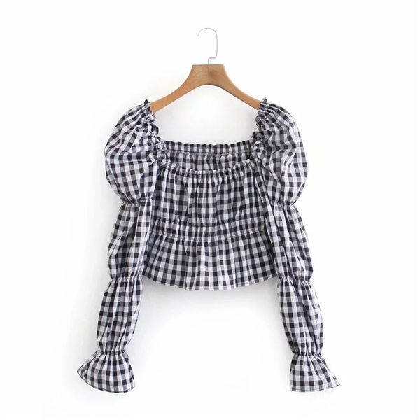 

new black white plaid crop women spring 2021 square neck elastic puff long sleeve blouse female streetwear ladies ad2f