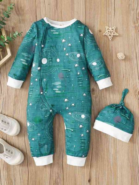 

baby planet print contrast trim jumpsuit with hat she, Blue