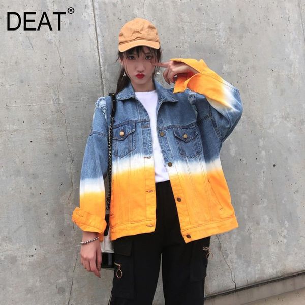 

women's jackets [deat] loose fit spliced mixed color hollow out denim jacket lapel long sleeve women coat fashion tide spring 2021 13p1, Black;brown