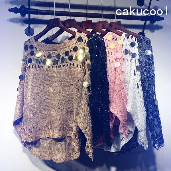 

cakucool women spring knit pullover shirt hollow out o-neck long batwing sleeve sweaters sequins bling loose thin feminino1, White;black