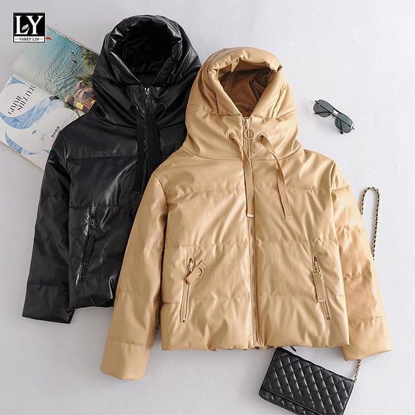 

ly varey lin women pu leather cotton hooded coats 2021 new winter with pockets ribbons zipper windproof thick warm female jacket1, Black