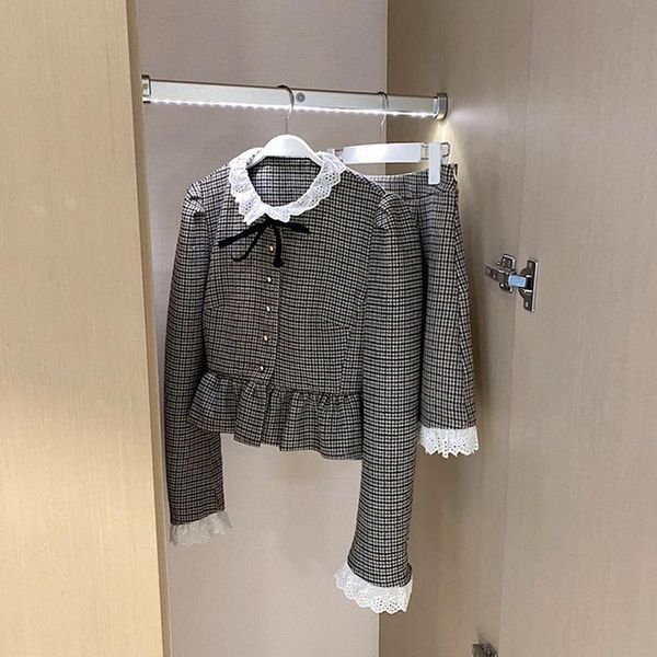 

elegant ladies office two piece set 2020 autumn korean fashion lace patchwork houndstooth blazer and skirt set, Gray