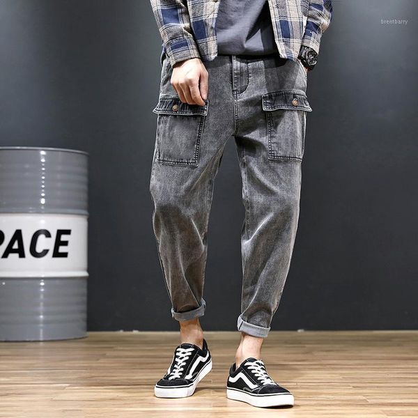

casual trousers overalls jeans men's loose feet high elastic large size pants plus fat increase harlan was thin1, Blue
