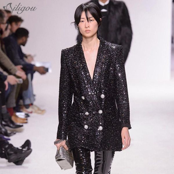 

ailigou 2020 fashion designer design lady double lion button shawl collar shiny sequin black coat, Black;brown