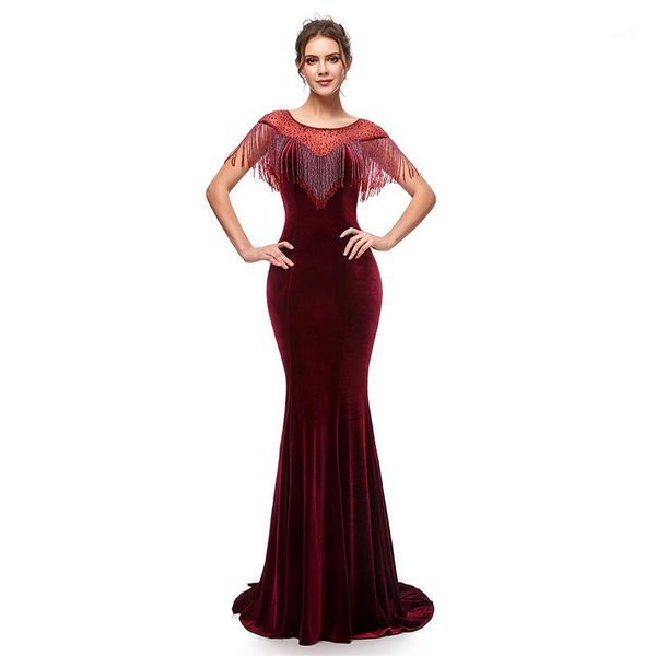 

elegant long burgundy mermaid evening dresses velvet with tassel zipper back women formal prom party gowns for pageant wear1, White;black
