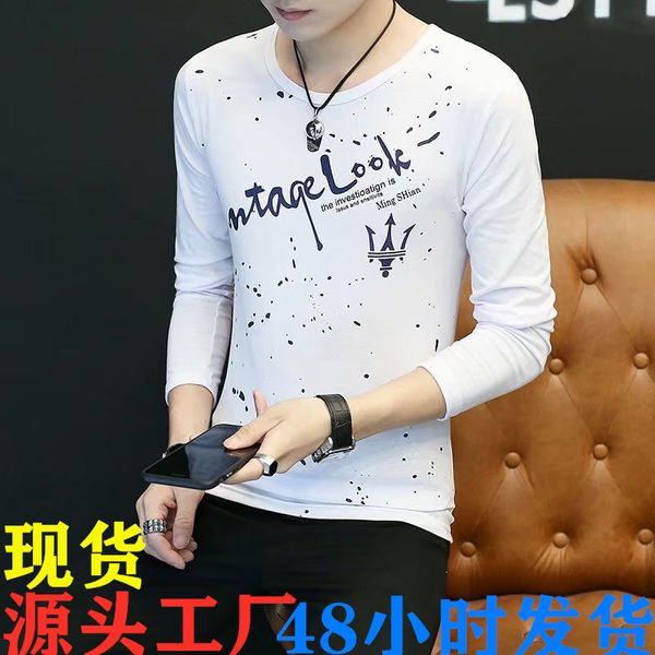

autumn 2020 thin long sleeve t-shirt men's v-neck slim korean youth base shirt boys' printing trend, White;black