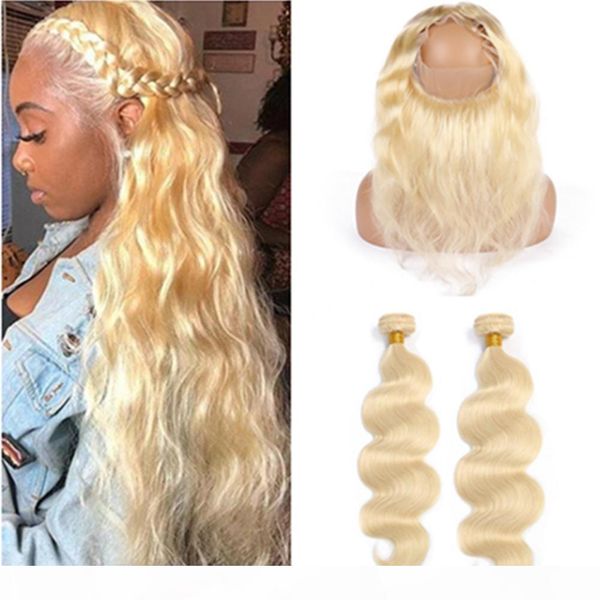 

613 blonde человеческих волос 360 lace фронтальная с 2 связки бразильский body wave bleach blonde virgin hair weave связки с 360 lace closur, Black;brown