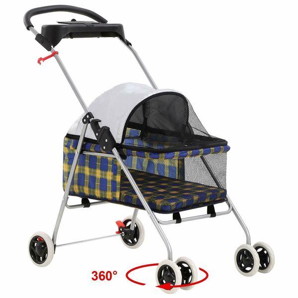 

new et yellow plaid posh pet stroller dogs cats w/cup holder