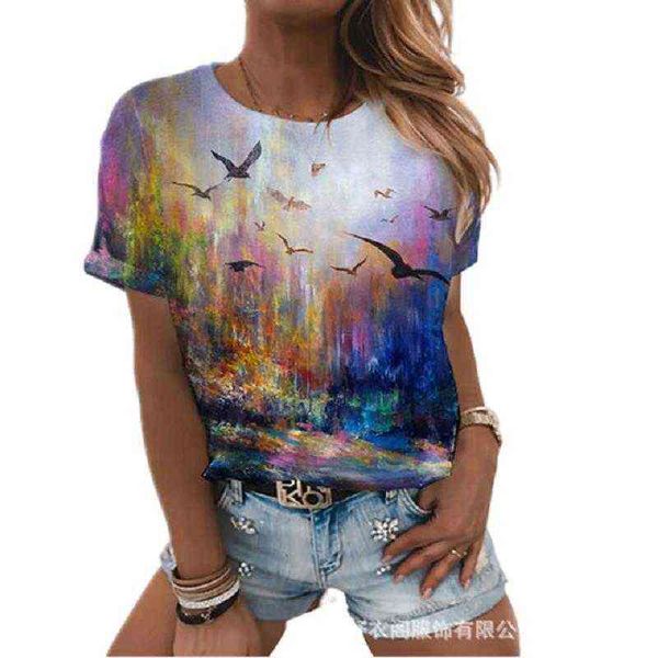 

women's t-shirt 2022 landscape printed round neck short sleeve t-shirt, White
