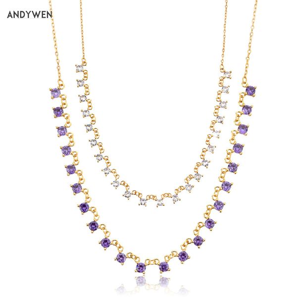 Andywen 925 esterlina prata ouro roxo zircão cz encantos cadeia de luxo gargantilha colar mulheres luxo caro gems completa jóias q0531