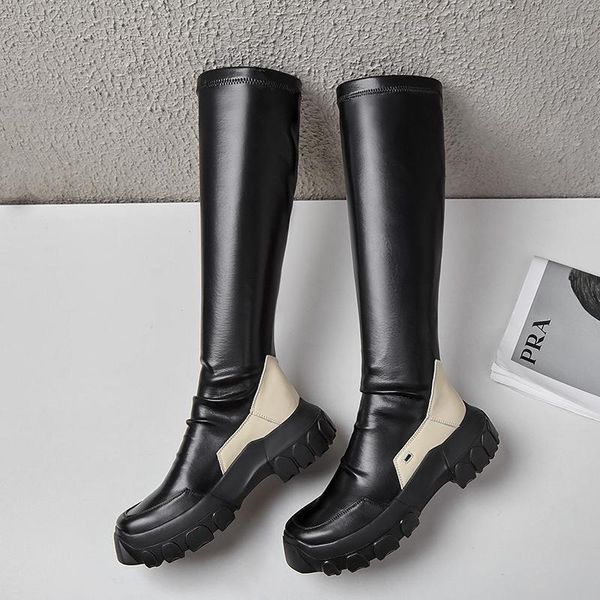 

prova perfetto 2020 high-end genuine leather woman boots flat boots mixed colors slip-on knee-high long real rome style1, Black