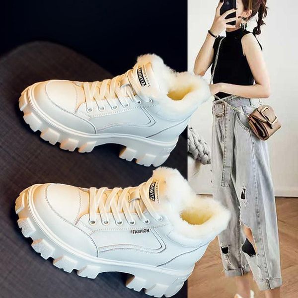 

fashion round toe keep warm vulcanized shoes lace up short plush ankle boots women platform boots zapatillas mujer 2020 new, Black