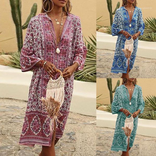 

stylish bar women summer long dresses bohe flowers printed buttons down flare sleeve loose dress female clothing vestidos1, Black;gray