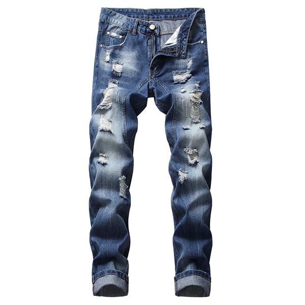 

jeans denim style hole destroyed design tattered blue long jeans men slim body plus size casual hip hop for man
