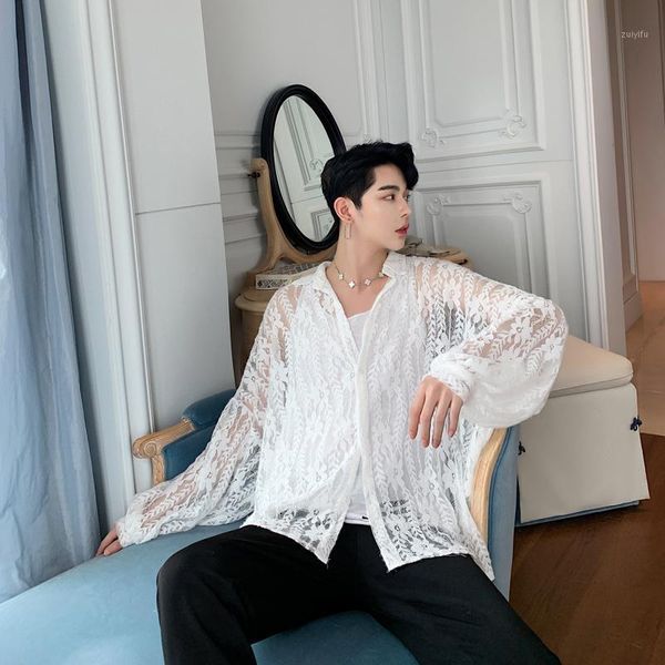 

men vintage fashion lace hollow shirts male women streetwear hip hop long sleeve oversize loose party dress black white shirts1, White;black