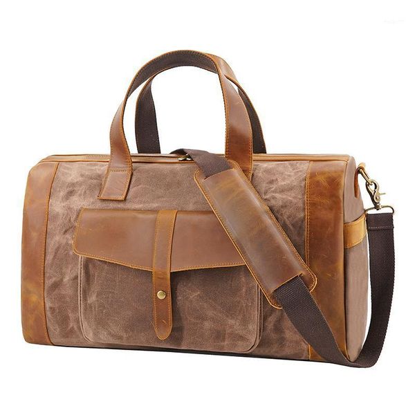 

duffel bags men's casual large capacity wet wax canvas+genuine leather travel bag duffle 15 inch lapweekend totes luggage1