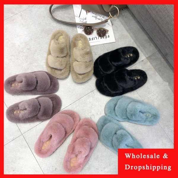 

новых женщины мех тапочки зима слайды пушистой пушистые сандалии женщина вьетнамка главных тапочки горячих дамы плюшевой обуви, Black