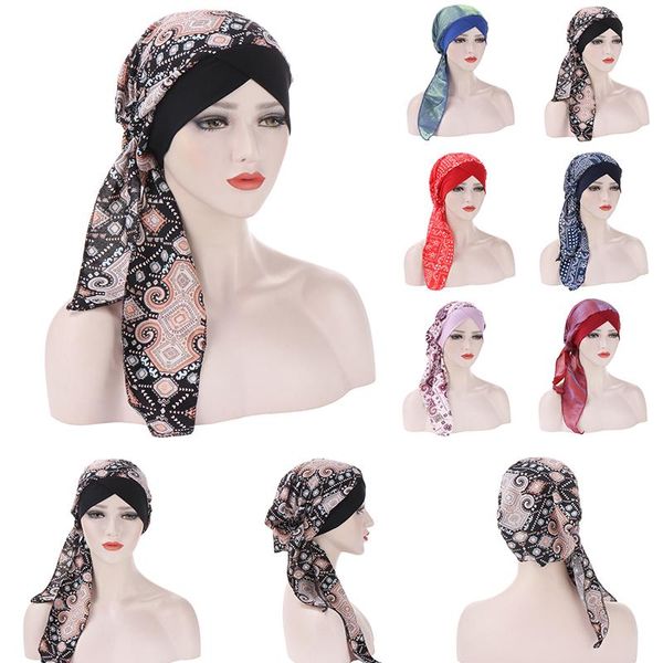 

hair accessories fashion print forehead cross turban head scarf women long tail chiffon headwrap muslim cover wrap loss bandanas