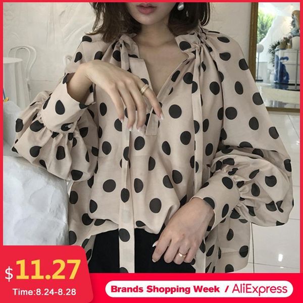 

celmia vintage blouse women lantern sleeve casual polka dot shirt plus size stylish tunic fashion stand collar bow tie blusa1, White