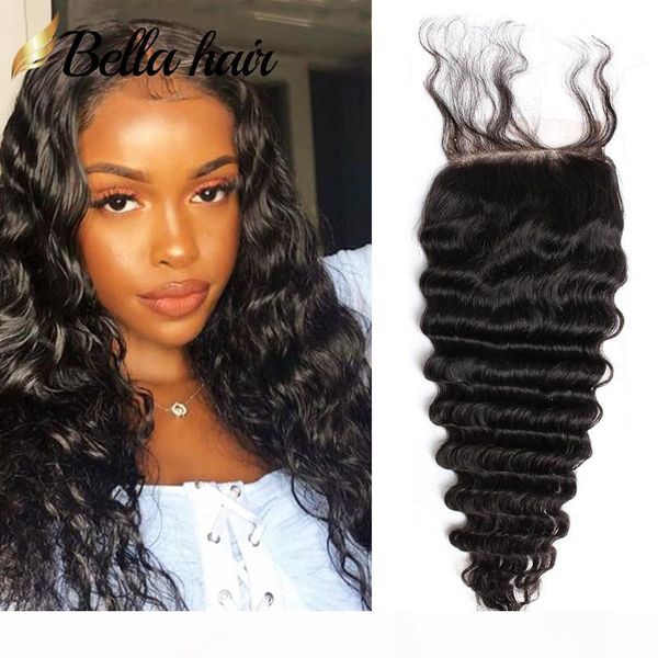 

bella hair brazilian virgin hair weave lace closure deep wave curly 4x4 closures with baby hair natural color, Black;brown