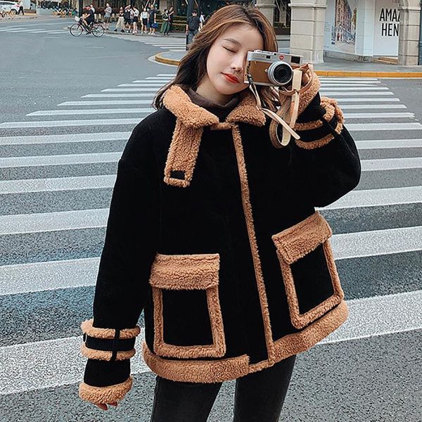 

jaycosin fashion women winter plush jackets coat pockets patchwork lmitation lamb wool coats female zipper warm fleece outerwear1, Black