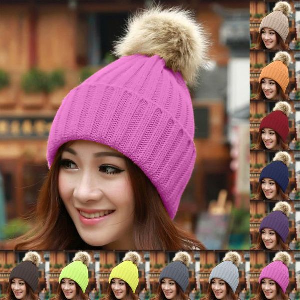 

beanies 2021 winter warm women pom knitted bobble girl fur pompom hats real pompon casual hat cap1