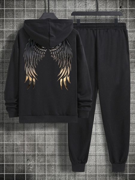 

men wings print kangaroo pocket drawstring hoodie & sweatpants s2tc#, Gray