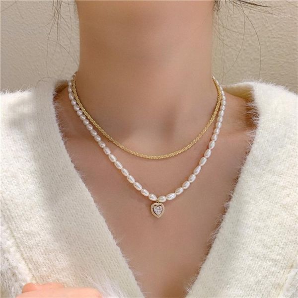 

timeonly luxury double layering simulated pearls neckalce waterdrop square heart pendant neckalces sweet jewelry for women lady1, Golden;silver