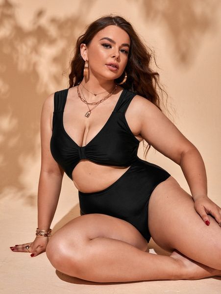 

plus solid cut out one piece swimsuit f0mt#, Black