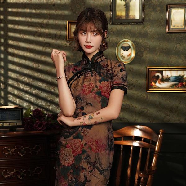 

plus size women classic cheongsam rayon floral elegant vintage short sleeve cheongsam long formal party vestidos classic1, Red