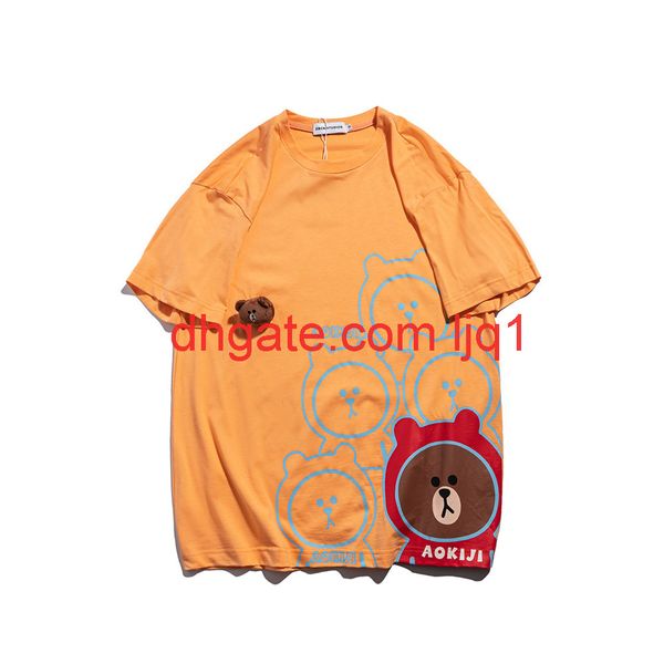 

cartoon bear print short sleeve t-shirt men's harajuku fashion brand round neck quarter sleeve street trend half sleeve t-shirt, White;black
