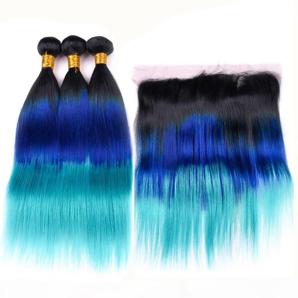 

#1b blue teal ombre straight bundles and frontal black roots blue teal 3tone ombre brazilian hair lace frontal closure 13x4 with weaves, Black;brown