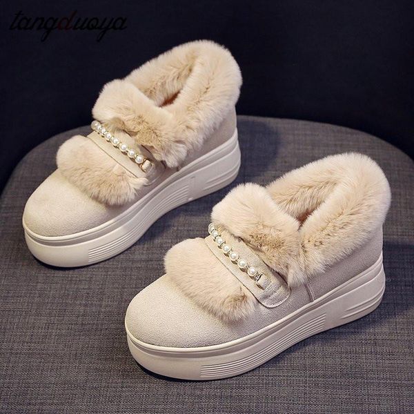 

platform winter boots with fur beige ankle boots string bead casual fashion korean snow plush warm winter shoes heels, Black