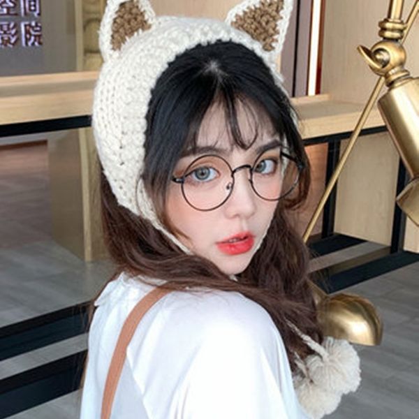 

cat ear protector woman sweet headset in autumn and winter korean winter knitted wool hat y201024, Blue;gray