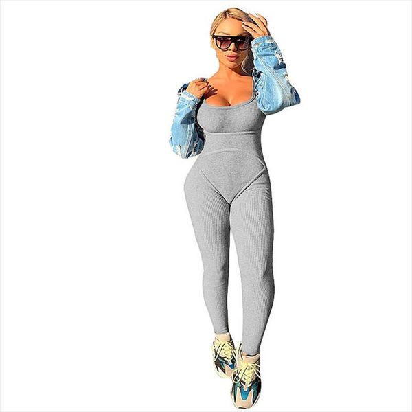 

women tracksuit buttocks thread jumpsuit sports suits solid fashion summer casual sports slim jumpsuits drop shipping, Gray