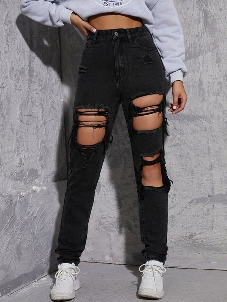 

high waist ripped cut out jeans q6ts#, Blue