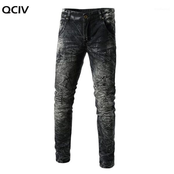 

jeans mens pierced holes print jeans men's straight fashion distressed male slim pencil pants vintage mens trousers1, Blue