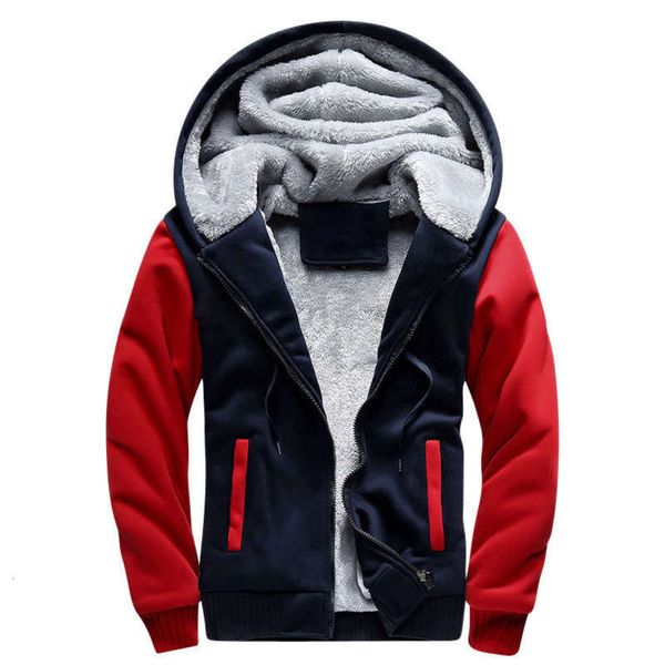 

casual sports winter men's thick new sweater plush zipper cardigan color matching hooded coat for men, Gray