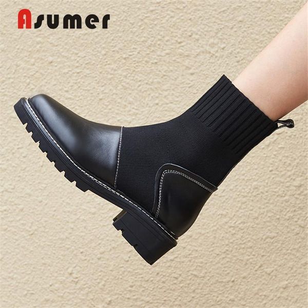 

boots asumer genuine leather round toe med heels sock women's botas ladies shoes straps british style european ankle boots1, Black