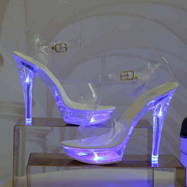 

light up glowing shoes woman luminous clear transparent sandals women platform shoes led 13cm high heel stripper heels shoes y220209, Black