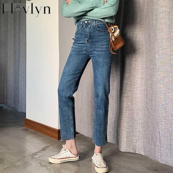 

floylyn streetwear high waist double buttons split women jeans pants chic straight denim pants female jeans 2020 capris femme1, Blue