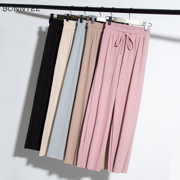 

wide leg pants women breathable thin soft knitting long trousers womens high elastic waist solid pink elegant ladies harajuku1, Black;white