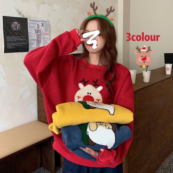 

3 colors new winter kawaii women sweatshirt loose plus velvet pullover female cute cartoon christmas sweatshirts mujer, Black