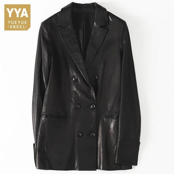 

black 100% sheepskin office lady blazer fashion slim double breasted real leather suit jacket luxury casual long outerwear1