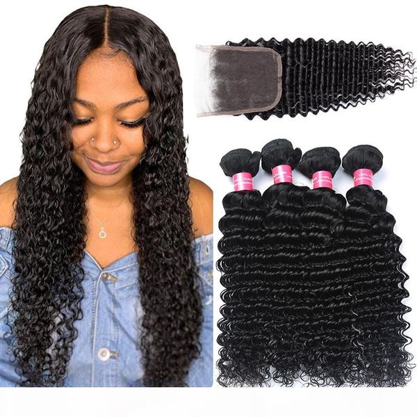 

peruvian virgin hair deep wave with lace closure brazilian deep wave 3 bundles with 4x4 closure unprocessed peruvian human hair extensions, Black;brown