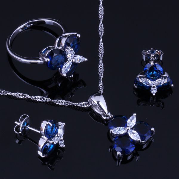 

elegant blue cubic zirconia white cz silver plated jewelry sets earrings pendant chain ring size 6 7 8 9 10 v0002